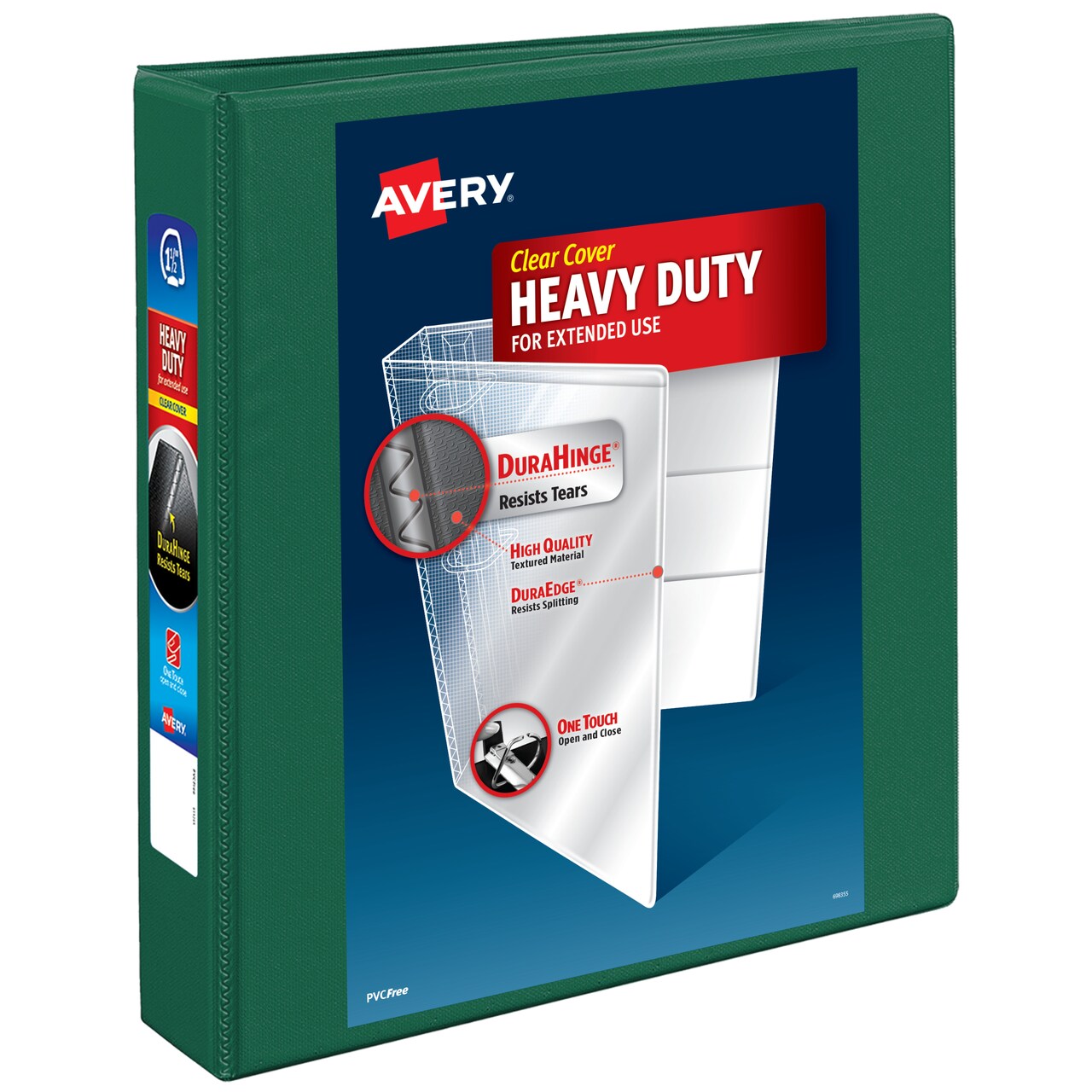 Avery Heavy-Duty View 3 Ring Binder, 1.5 Inch One Touch EZD Rings, 400-Sheet Capacity, 2.1 Inch Wide Spine, Customizable Clear Cover and Spine, 1 Green Binder (79108)
